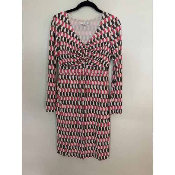 Boden Women's SZ 8R Geometric Dress100% Lyocell Ruched Bodice Long Sleeve Lined - Picture 1 of 7